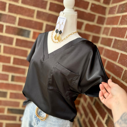 Satin V-Neck Pocket Top