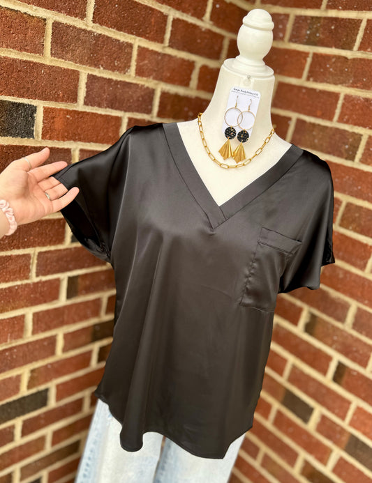 Satin V-Neck Pocket Top