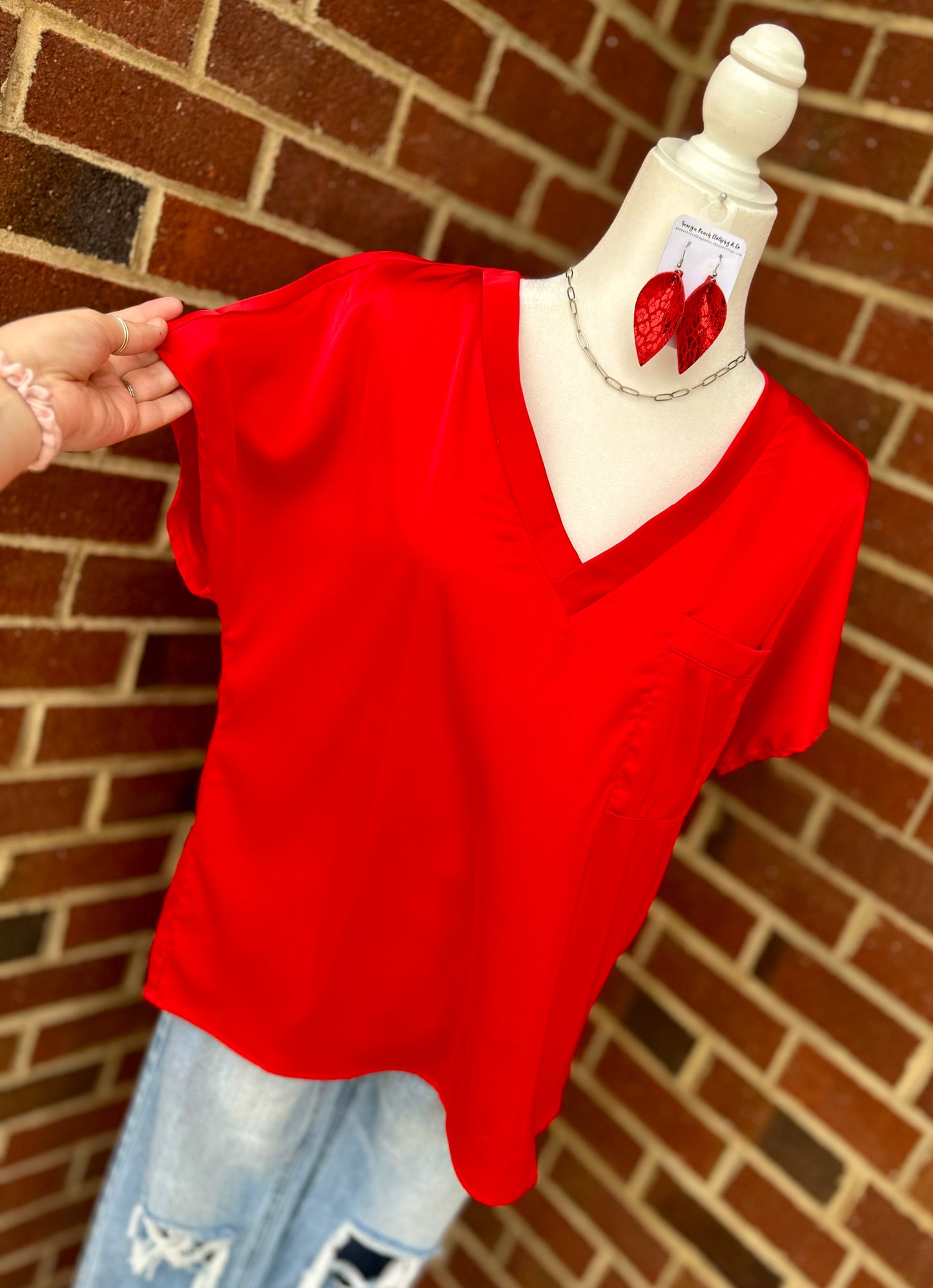 Satin V-Neck Pocket Top