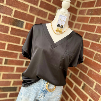 Satin V-Neck Pocket Top