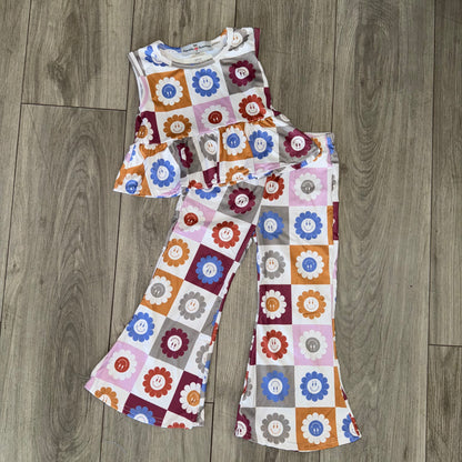 Kids Retro Daisy Checkered Bell Bottom Set