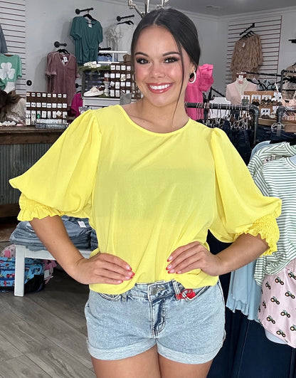 Round Neck Short Puff Sleeve Blouse