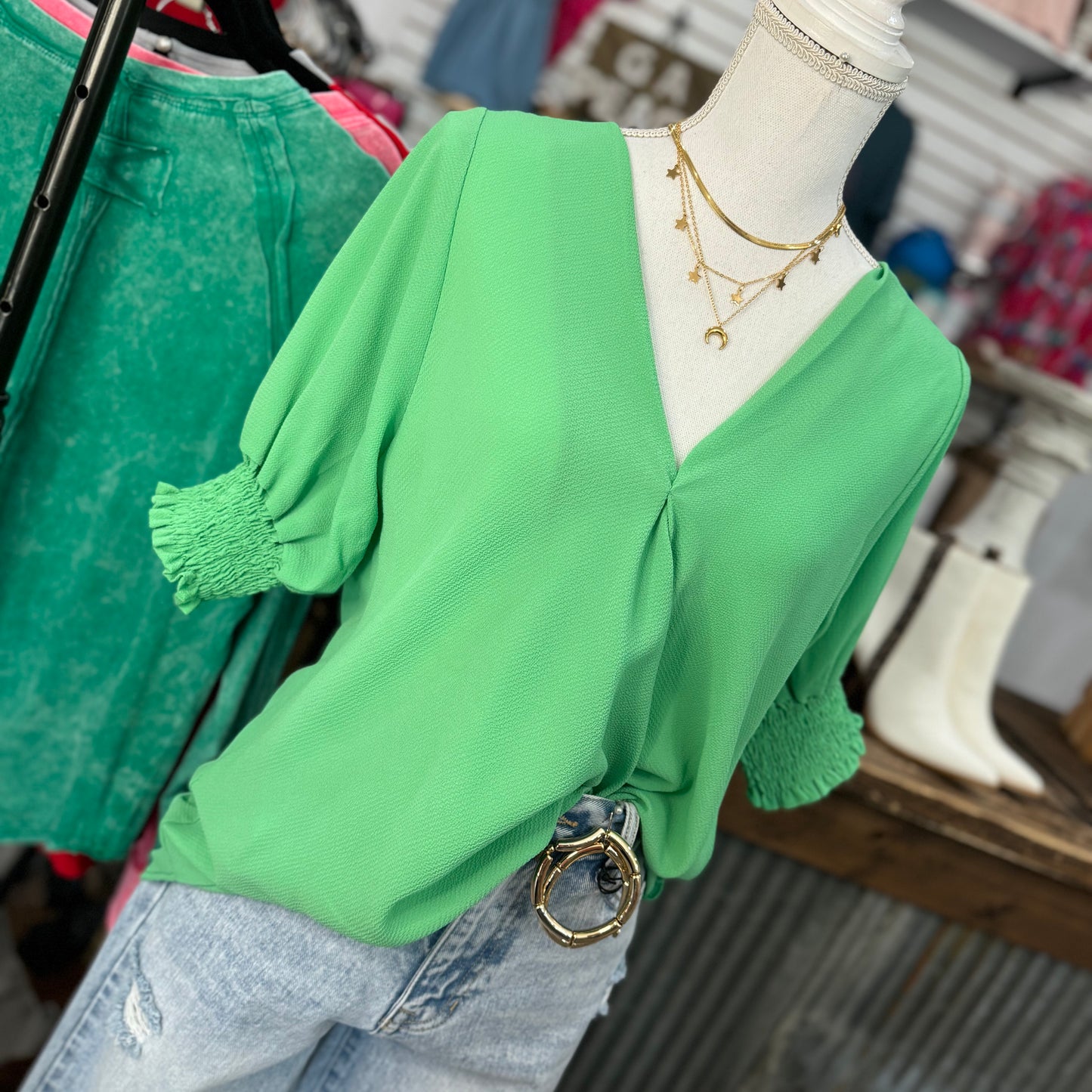 Smock Sleeve V-Neck Blouse