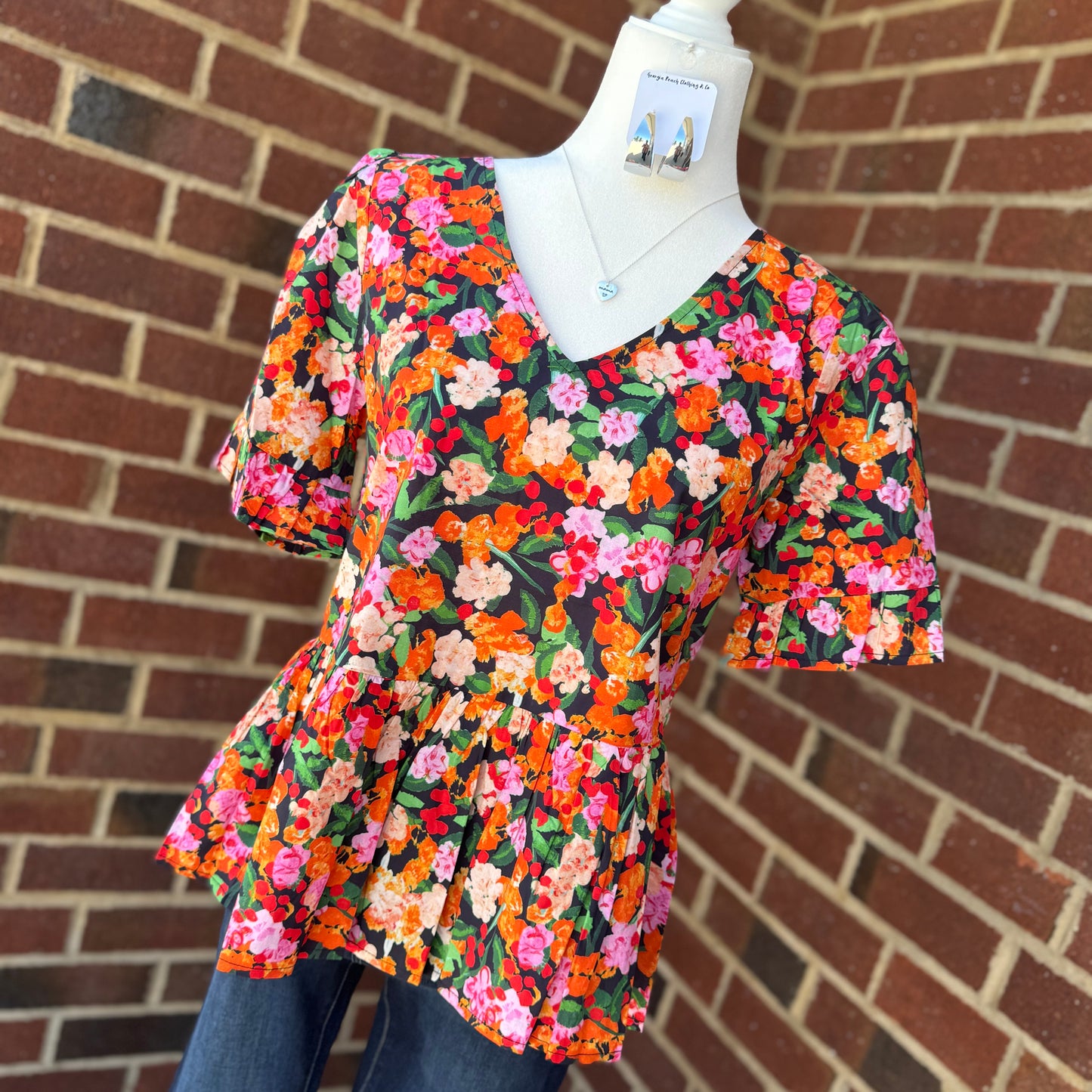 Floral Print V-Neck Peplum Top