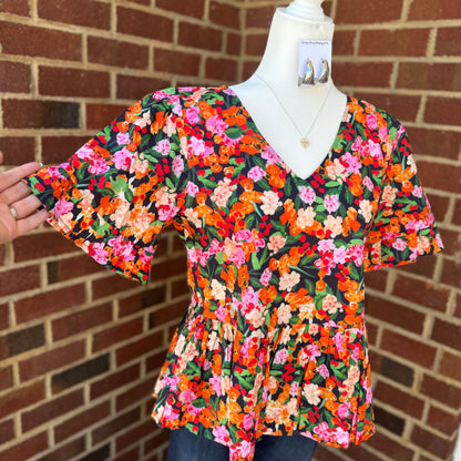 Floral Print V-Neck Peplum Top