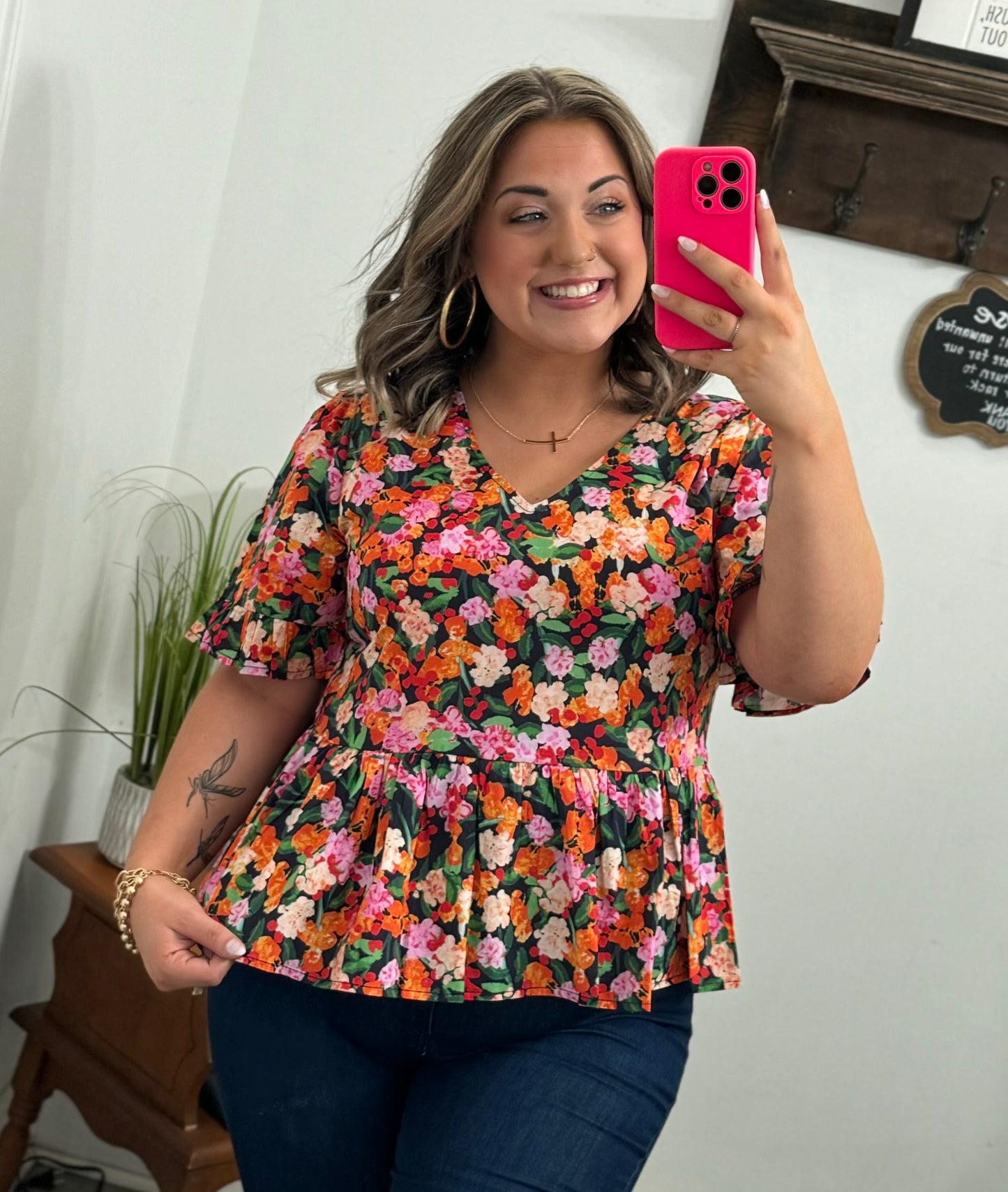 Floral Print V-Neck Peplum Top