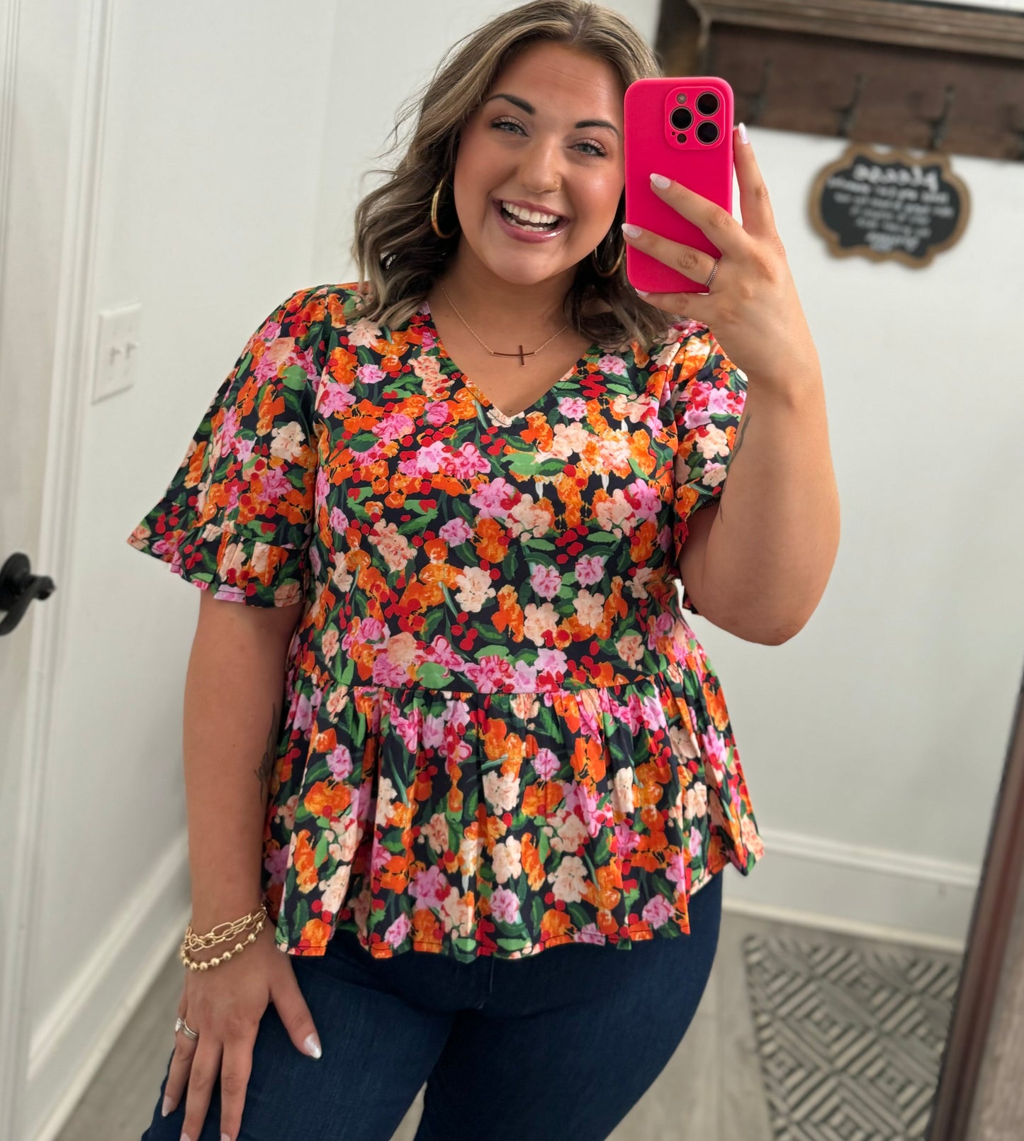 Floral Print V-Neck Peplum Top