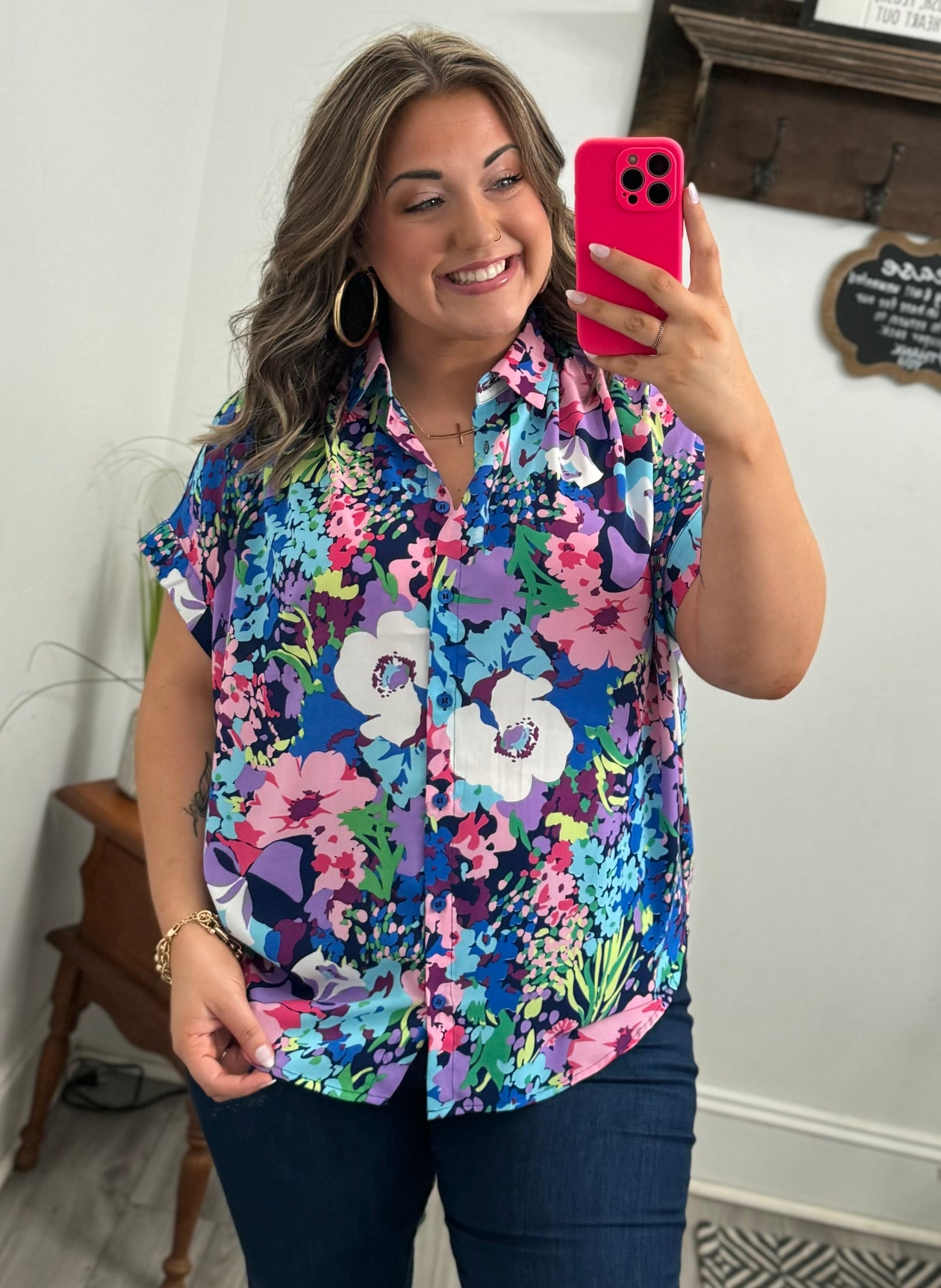 Collared Floral Button-Up Top