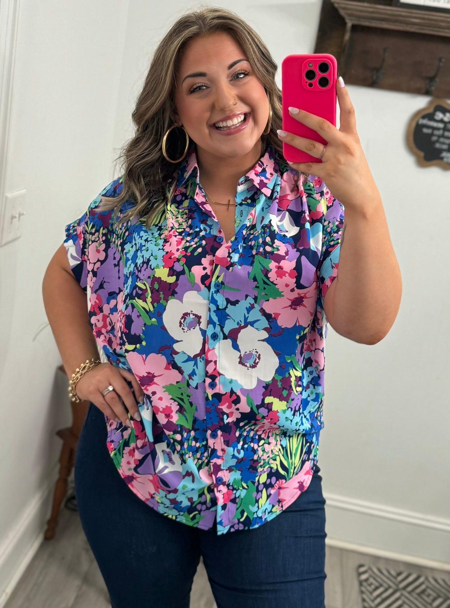 Collared Floral Button-Up Top