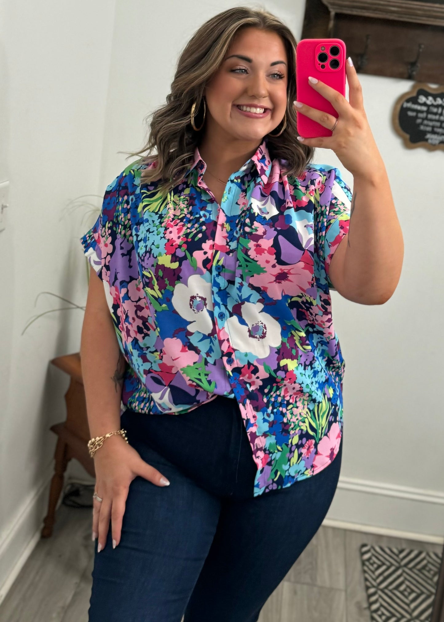 Collared Floral Button-Up Top