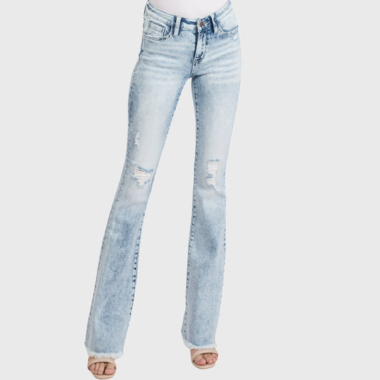 Distressed Mid Rise Flare Jeans